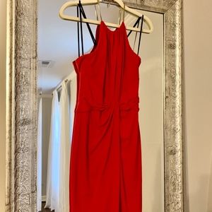 Red Coral Jersey Cocktail Dress with Gold Chain Ne